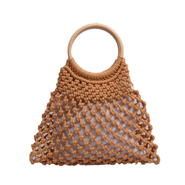 Brown Woven straw cotton thread tote hand bag