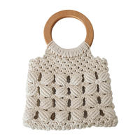 White cotton tread wooden ring tote straw bag