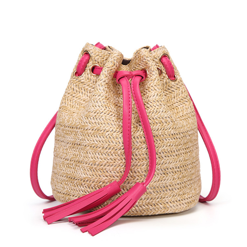 Small straw drawstring shoulder handbag bucket bag