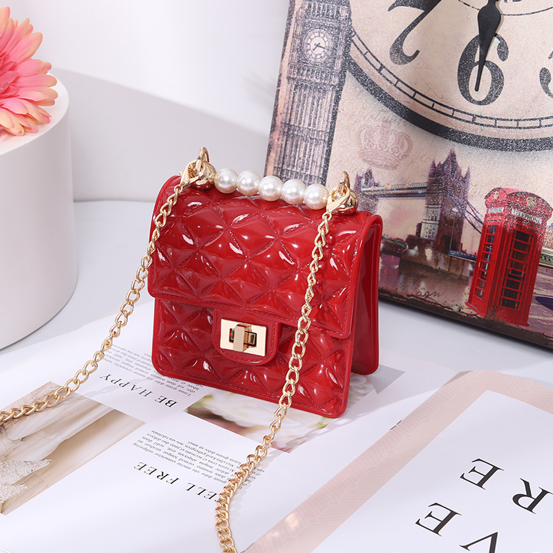 Candy color Jelly Cross body Shiny Rhombic Coin Purse with Pearl handle and one chain Shining colorful handbag for women